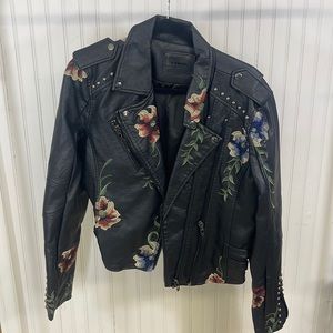 Blanc nyc faux leather moto jacket w embroidered flowers